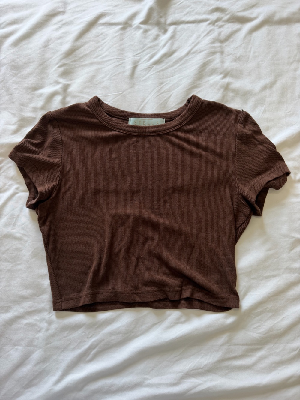 Stellah Brown Ribbed Short Sleeve Crop Top
